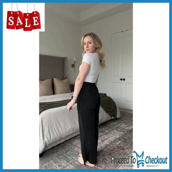 Wide Leg Work Pants High Waisted Stretchy Pull On Business Casual - Picture 7 of 8